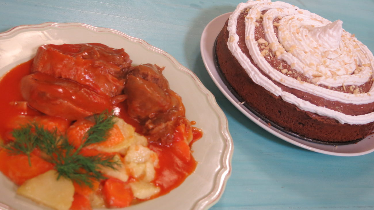 Kuvani jezik u sosu, dinstana šargarepa sa krompirom, čokoladna torta